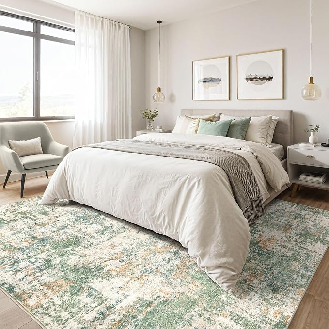 3x5 Rug for Living Room: Washable Large Abstract Soft Green Rugs Stain Resistant Indoor Floor Non-Slip Accent Carpet for Men Modern Home Enthusiasts Aged 25-45 - Bedroom Office Playroom