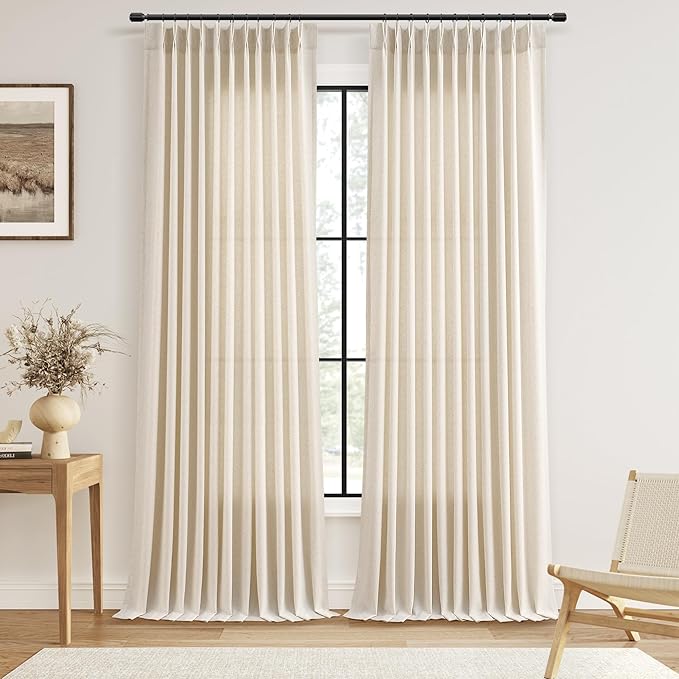 Extra Wide Pinch Pleated 60 Inch Width Curtains 96 Inch Length for Living Room Bedroom Natural Cream Beige Boho Farmhouse Light Filtering Semi Sheer Large Windows Hooks Clip Rings 2 Panels 60x96