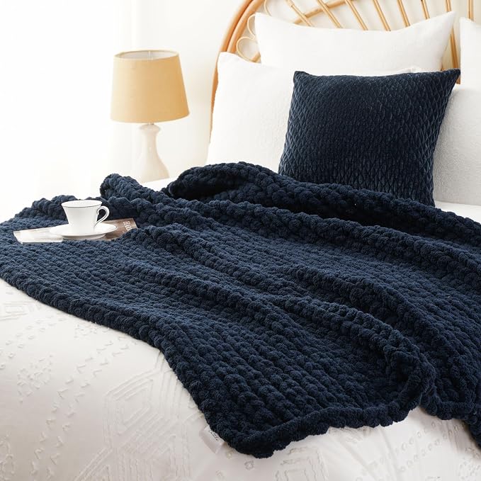 Battilo Navy Chunky Knit Throw Blanket, Soft and Thick Navy Blue Chenille Throw Blanket, 50"x60" Handmade Cable Knit Crochet Blanket, Rope Knot Knitted Throw Blankets for Couch Home Decor, Navy