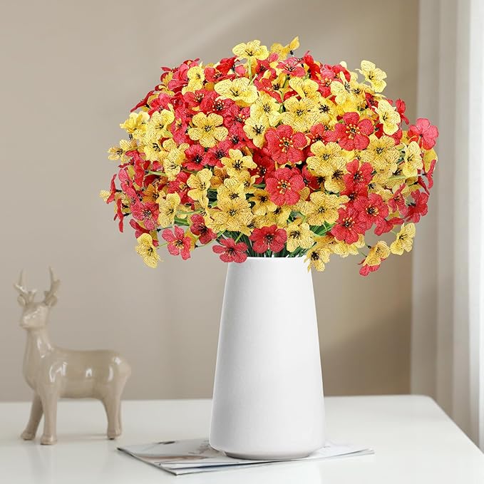 Geegoods Artificial Mums Flowers for Outdoors, 16 Bundles UV Resistant Fake Plastic Red and Yellow Flowers for Patio Porch Spring Summer Decor
