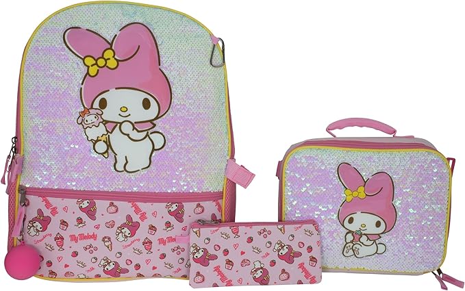 AI ACCESSORY INNOVATIONS Hello Kitty My Melody 5 Piece Backpack Set, Kawaii Flip Sequin Anime School Bag for Girls with Zip Front Pocket, Pink