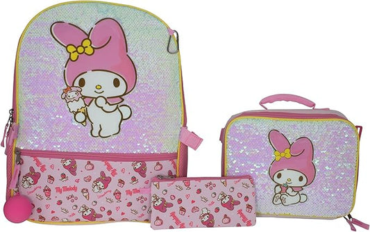 AI ACCESSORY INNOVATIONS Hello Kitty My Melody 5 Piece Backpack Set, Kawaii Flip Sequin Anime School Bag for Girls with Zip Front Pocket, Pink