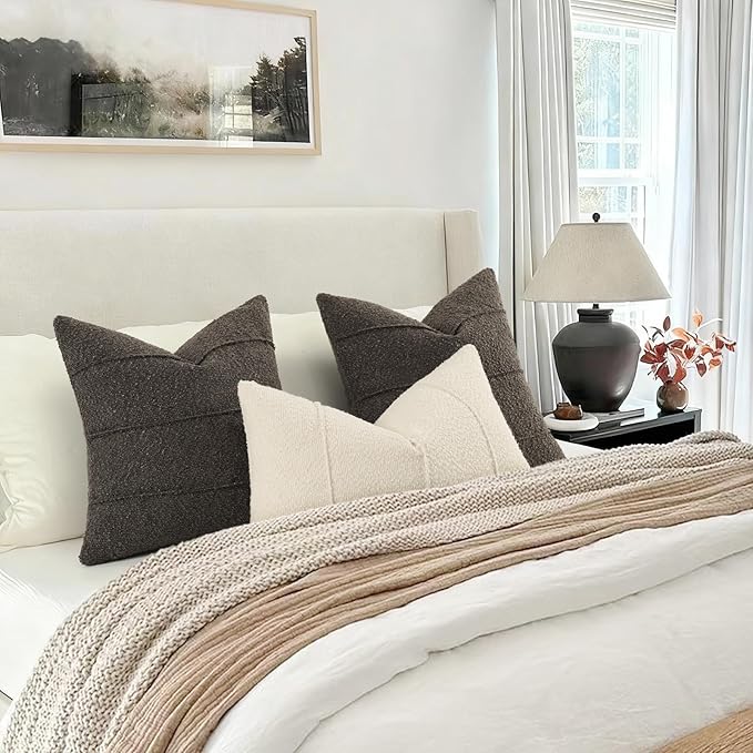 YCOLL Textured Boucle Throw Pillow Covers 18x18 Pack of 2 - Soft Neutral Striped Cushion Covers, Cozy Accent Decorative Pillow Covers for Couch, Sofa, Bed, Living Room (Dark Gray)