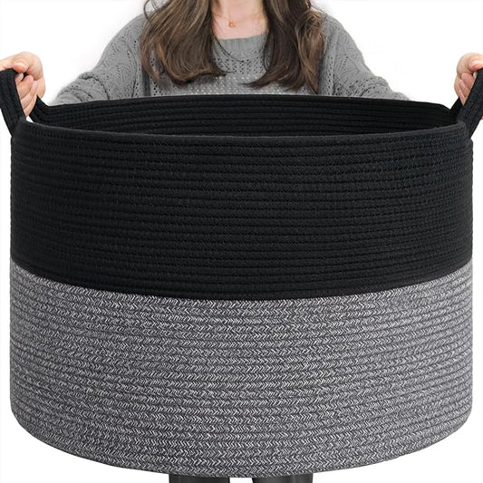 INDRESSME XXXLarge Cotton Rope Basket Woven Baby Laundry Baskets Blanket Baskets Toy Basket with Handle Comforter Cushions Storage Bin Thread Laundry Hamper - 21.7" x 21.7" x 13.8"