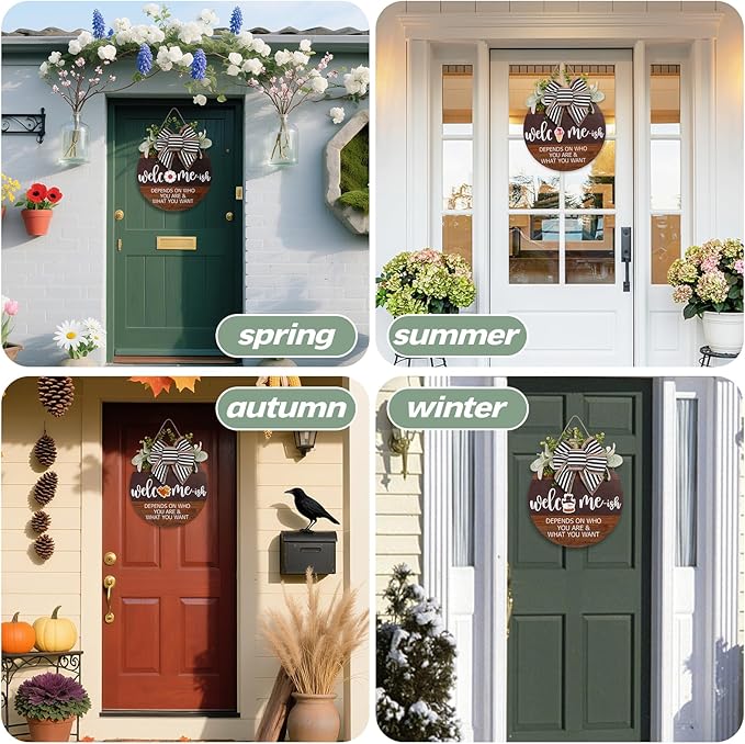 Interchangeable Seasonal Welcome Sign for Front Door, Rustic Round Wood Wreath for Front Door Hanging Decorations, for Spring Summer Fall Halloween Christmas Farmhouse Outdoor Home Wall Decor (12Inch)