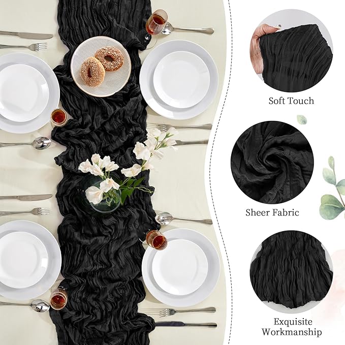 6 Pack Black Cheesecloth Table Runner 10FT Long Boho Gauze Table Runner Rustic Sheer Runner for Halloween Decoration Wedding Baby Shower Birthday Party Table Decor Home Easter Decorations