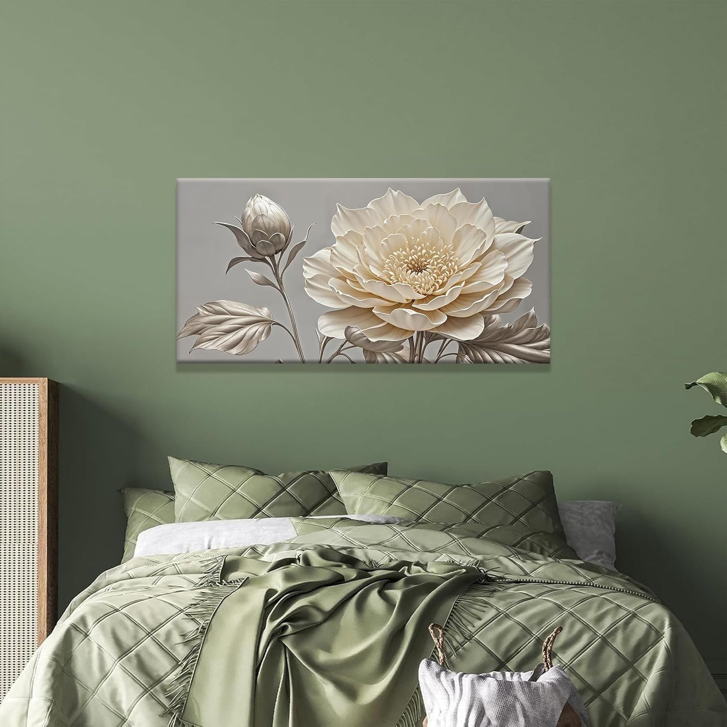 QSQ Canvas Art Wall Decor Print Paintings Silver White Flower Wall Art Prints Painting Pictures Ready To Hang Pictures For Bedroom Bathroom Office Kitchen Home Wall Decor Artwork 20" × 40"