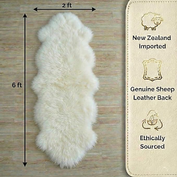 Woolous Genuine New Zealand Sheepskin Double Pelt Rug - Handmade Sheep Skin Runner Rug, Soft Thick Natural Bedside Area Rug for Bedroom and Living Room Decor, 2x6 ft | Real sheep skin runner rug, handmade soft thick natural double pelt sheepskin rug fo...