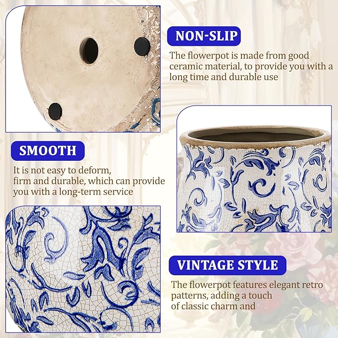 Ceramic Scroll Planter 6.5 Inch Chinoiserie Floral Vase with Drainage Holes Vintage Flower Vase Flower Pot Rustic Ceramic Pots for Indoor Plants Garden Home Bookshelf Decor (Retro Blue)