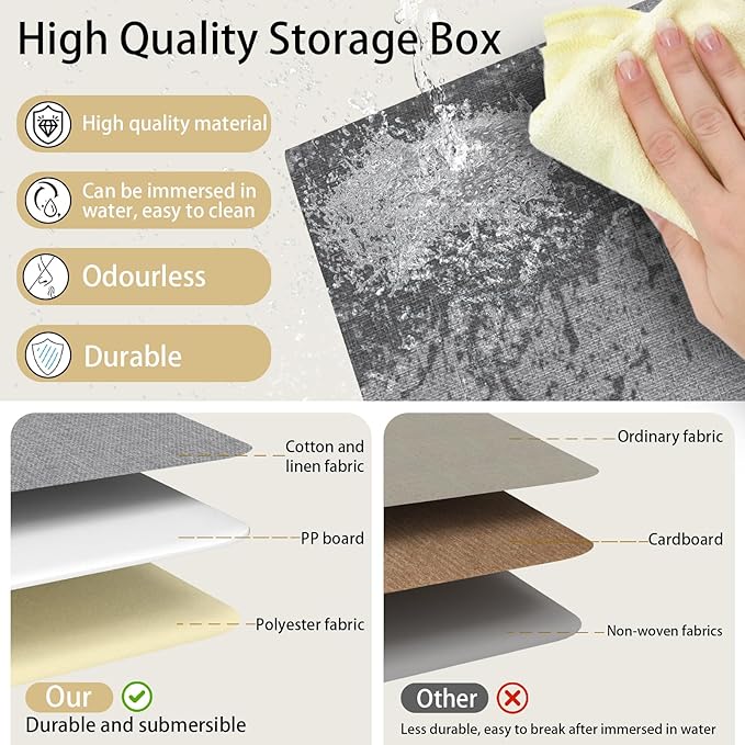 Yawinhe Collapsible Storage Bin, Cube Organizer Basket, Fabric Box with Lids, Washable and Leather Handle, for Home, Closet, Grey, 15.0''Lx9.8''Wx9.8''H, 3-Pack, USNK024GL-3