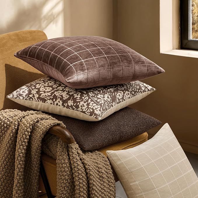 MIULEE Decorative Chenille Check Throw Pillow Covers Vintage Plaid Couch Pillows 18x18 Inch Set of 2 Neutral Boho Farmhouse Cushion Covers Modern Home Decor for Sofa Bed Living Room Reddish Brown