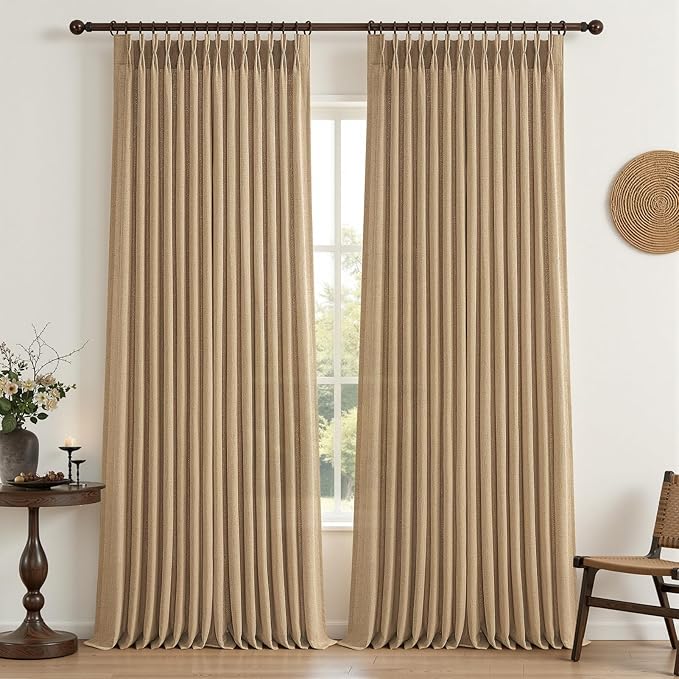 Extra Long Rust Brown Semi Sheer Living Room High Ceiling Curtains 108 Inch 2 Panels Set, Memory Shape Pinch Pleated Linen Blend Light Filtering Elegant Curtain & Drapes for Large Window 40"W x 108"L