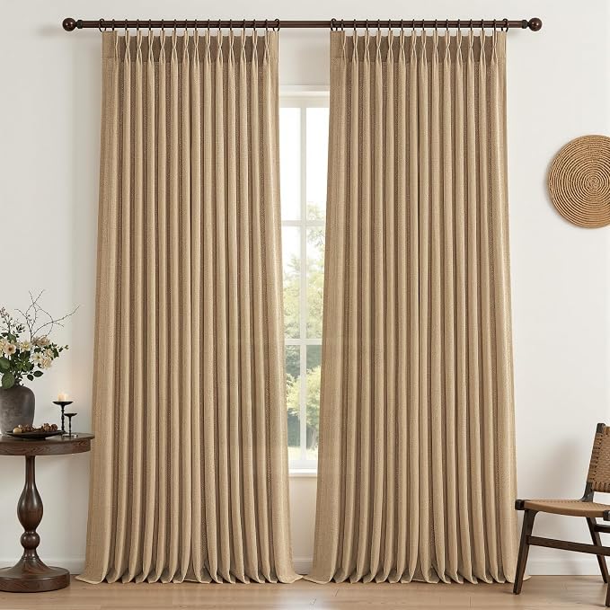 Rust Brown Pleated Flax Linen 102 Inch Extra Long Curtains for Sliding Glass Doors, Memory Shape Pinch Pleat Light Filtering Semi Sheer Country Window Drapes Bedroom Privacy Viral Curtain 2 Panels Set
