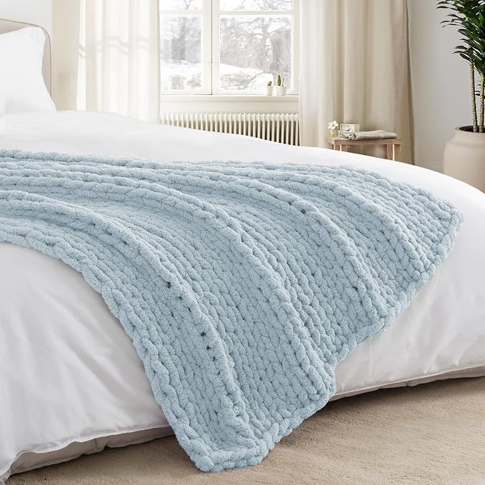 Chunky Knit Throw Blanket 50x60, 100% Handmade Chenille Yarn | 4.4lbs Soft Thick Cable Knitted Blankets, Large Rope Knot Crochet Throws for Couch Sofa Bed Machine Washable, Light Blue