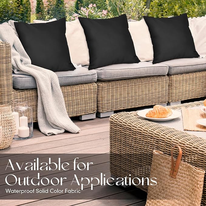 Colingmill 4 Set Waterproof Black Outdoor Throw Pillow Covers with 4 Pillow Inserts 18x18 Inch Decorative Waterproof Throw Cushion for Sofa Couch Home Patio