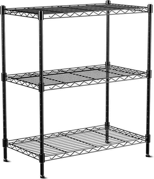 3-Tier Wire Shelf Rack,24" Dx14 Wx 30" H,Wire Metal Shelving with Lockable Wheels,Height Adjustable Storage Standing Shelves for Kitchen,Living Room,Laundry,Office,Pantry,Studio,Black