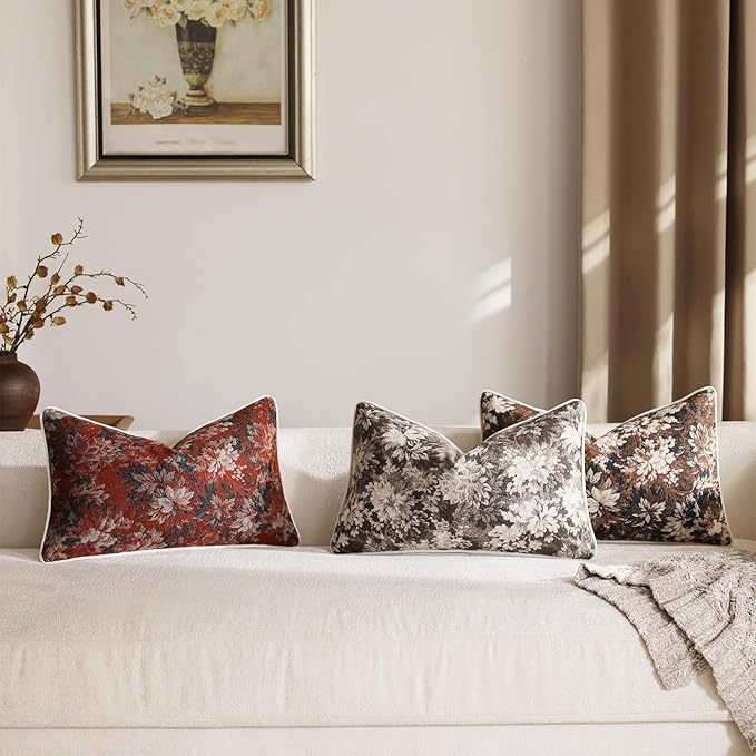 DEZENE Pack of 2 Vintage Floral Pillow Covers 12x20 Boho Farmhouse Accents Chenille Rectangular Lumbar Decorative Throw Pillow Cases for Living Room Couch Bed Home Decor, Grey