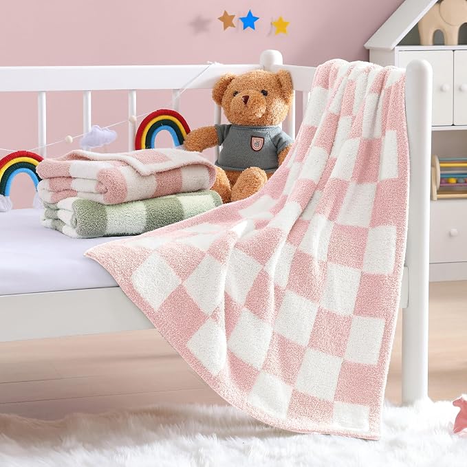 WRENSONGE Soft Checkered Throw Blanket for Couch-Cozy Warm Knitted Blankets | Lightweight Fluffy Decor for Boys & Girls, Sofa, Chair, Bed, 30x40in,Pink