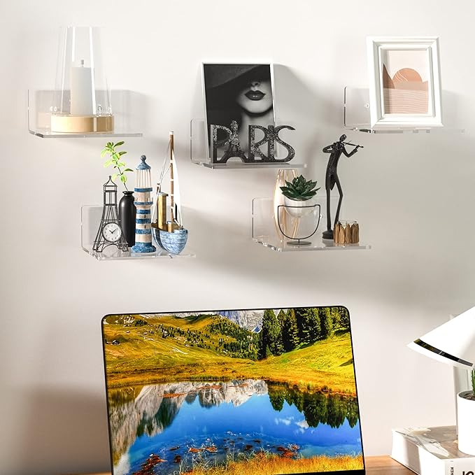 Sezanrpt 6 Inches Acrylic Small Wall Shelves 2 Pack, Floating Shelf for Wall Mounting, Acrylic Display Ledges for Funko Pop Figures, Home Décor, Living Room, Gaming Room, Plants(6 inch, Clear)