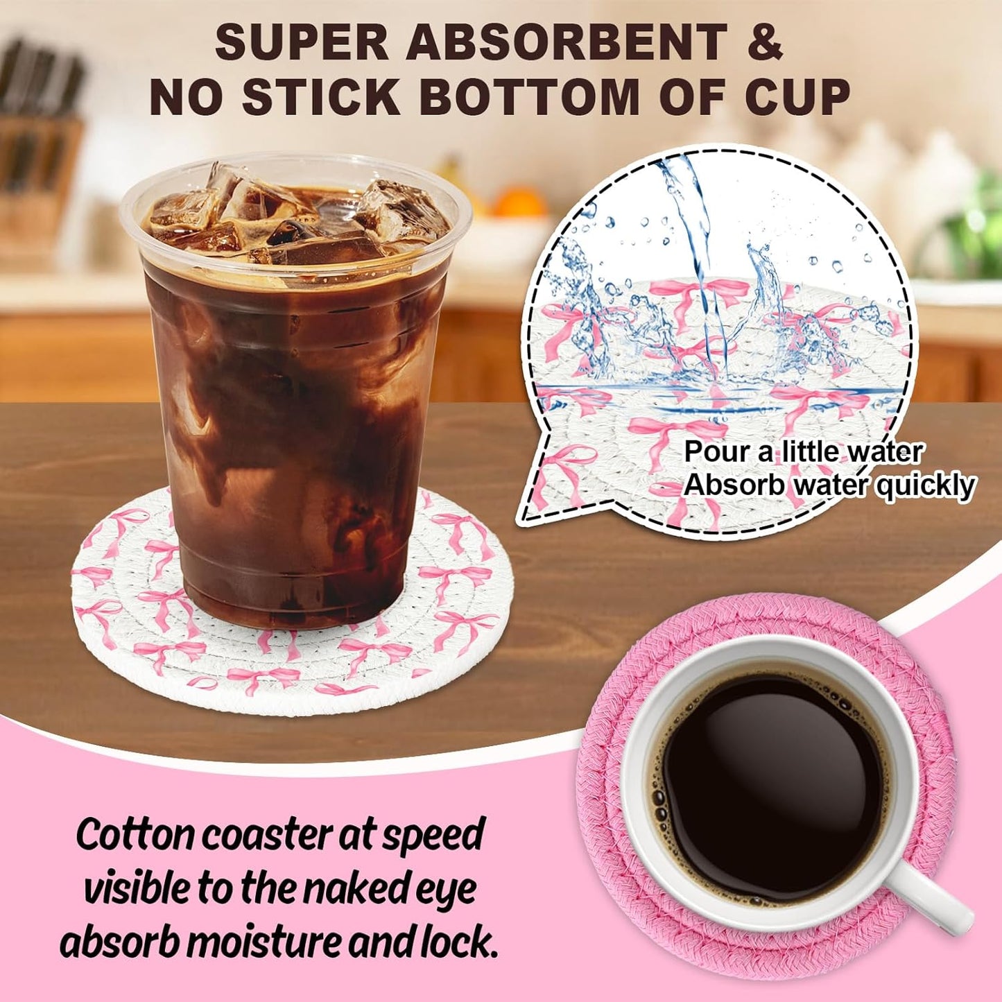 Whaline Pink Bow Coasters Handmade Braided Cotton Coasters Round Absorbent Bowknot Coquette Drink Mats for Breast Cancer Awareness Birthday Wedding Baby Shower Party Home Office Table Decor, Set of 4