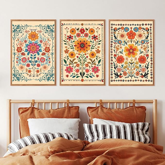 HOURIA 3Pcs Framed Mexican Floral Canvas Wall Art (16"x24"), Abstract Orange Botanical Latin Folk Wall Decor, Vintage Mid Century Modern Tropical Flower Art Print for Office Farmhouse Bedroom