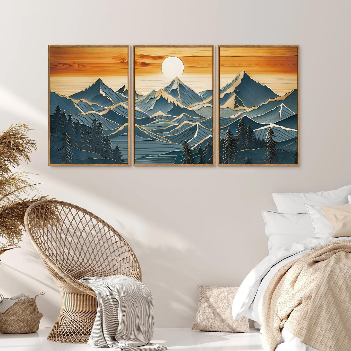 Tinonedraw Vintage Mountain Framed Canvas Wall Art Set of 3, Boho Nature Wilderness Art Prints, Mid Century Modern Ridge Scenery Wall Decor, Sunrise Forest Woodcut Style Art Paintings for Living Room Bedroom, Office 16"x24"