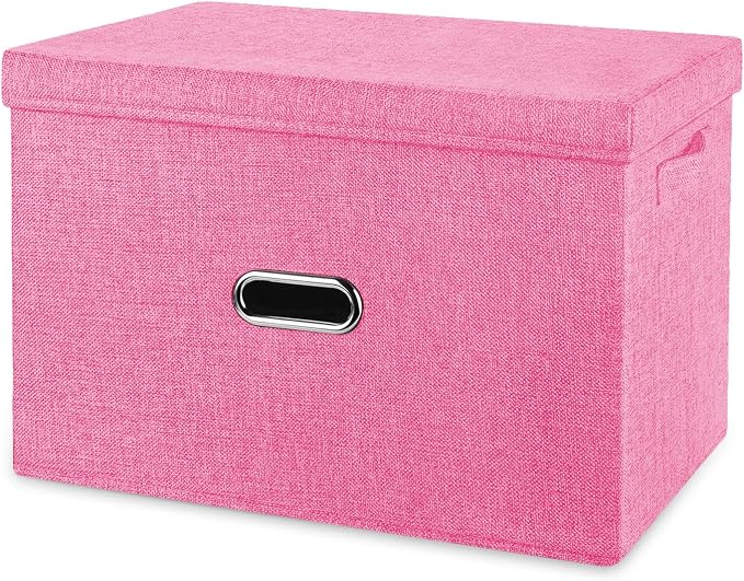 Large Linen Fabric Foldable Storage Bins with Removable Lid and Handles, Washable Storage Box Organizer Containers Baskets Cube with Cover for Bedroom,Office(Pink, Large)