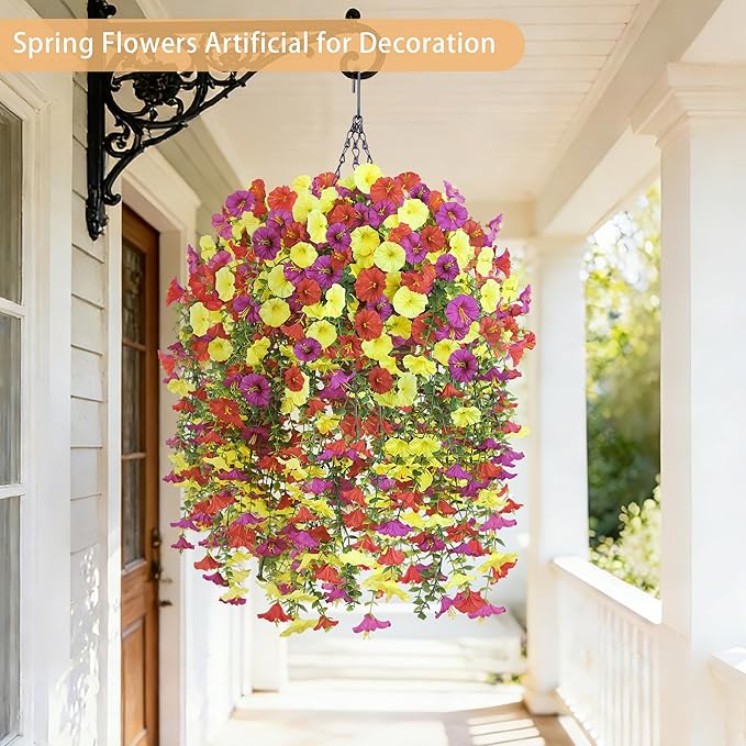Artificial Hanging Flowers with Basket, 480 Blooms UV Resistant Faux Morning Glory Silk Plants, Fast & Easy Assembly Fake Hanging Baskets for Outdoor Porch Patio Garden Decor, Purple&Yellow&Red
