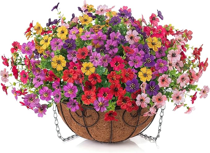 HyeFlora 2 Set Artificial Outdoor Flowers Hanging Basket, Faux Hanging Plants for Outside Spring Decoration, Fake Silk UV Resistant Look Real Daisy for Porch Patio Home Decor