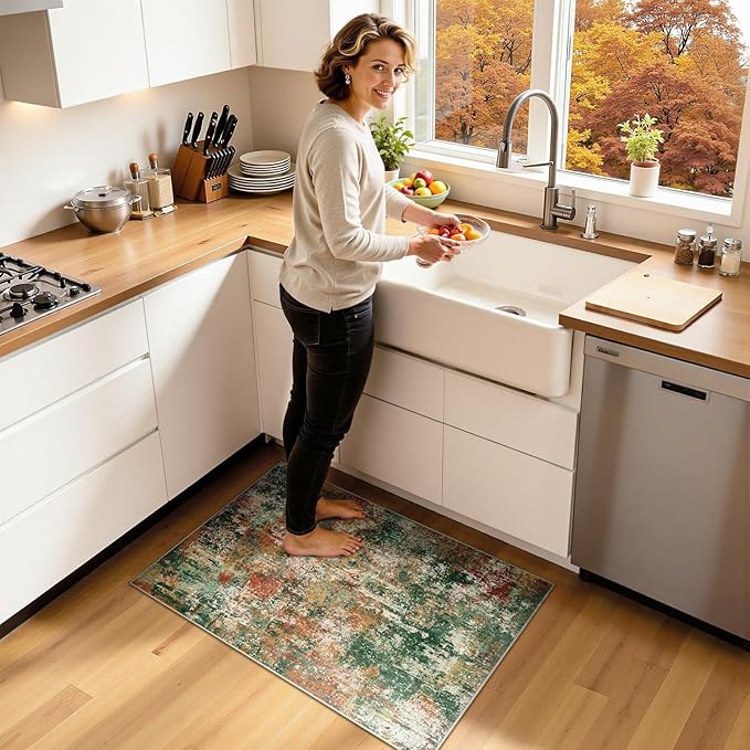 RELEANY Washable Area Rugs 2'x3' Non-Slip Modern Abstract Soft for Living Room Entryway Bedroom Nursery, Print Pattern, Green Orange Rust Red Cream Colorful