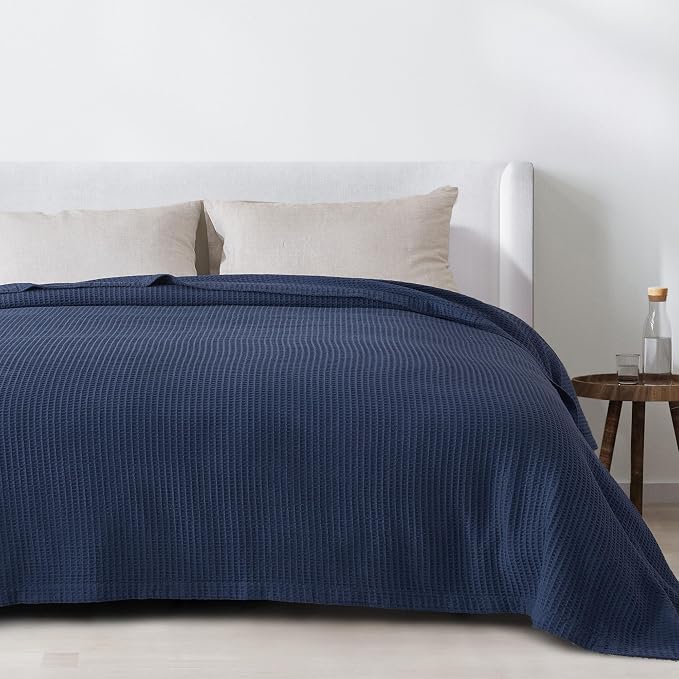 100% Cotton Blue Blanket Twin Size for Bed - Breathable and Soft, Waffle Weave for Summer Spring, 90x66 Inches (Navy)