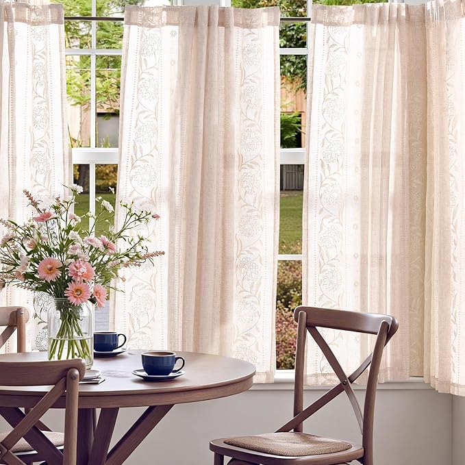 jinchan Winslow Linen Curtains 54 Inch Length Small Window Curtains Embroidered Bordered Floral Drapes Light Filtering for Bathroom Laundry Room Kitchen Farmhouse Decor White on Beige 2 Panels