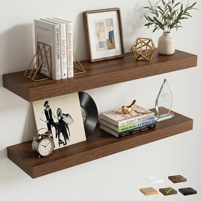 32 Inch Floating Shelves for Wall, 8"D Wood Storage Shelves, Walnut Finish | Engineered Wood, Invisible Bracket, Large Storage, Easy Install, Hold Up to 55lbs, Living Room, Bathroom, Bedroom, Kitchen