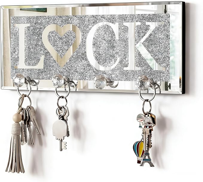SHYFOY Crystal Clear Hooks Key Holder Key Hanger, Sparkly Mirrored Home Letters Plaque Sign for Decor, Silver Mirror Decoration Wall Art for Entryway Hallway Living Room, Lock Letter