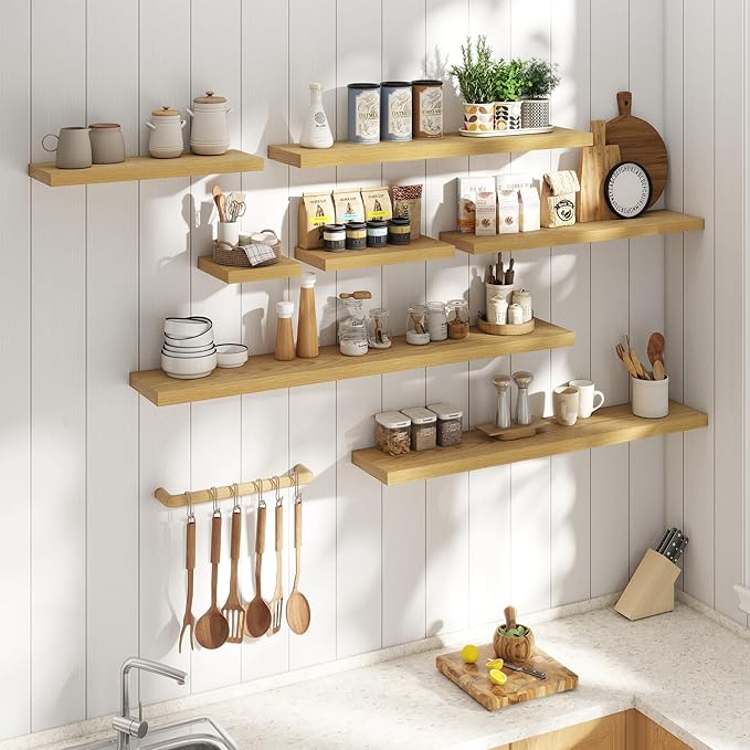 24 Inch Floating Shelves for Wall with Invisible Brackets Set of 2, 8"D Engineered Wood Wall Shelves with Wood Grain for Living Room, Bedroom, Bathroom, Kitchen Decor and Storage, Oak Finish