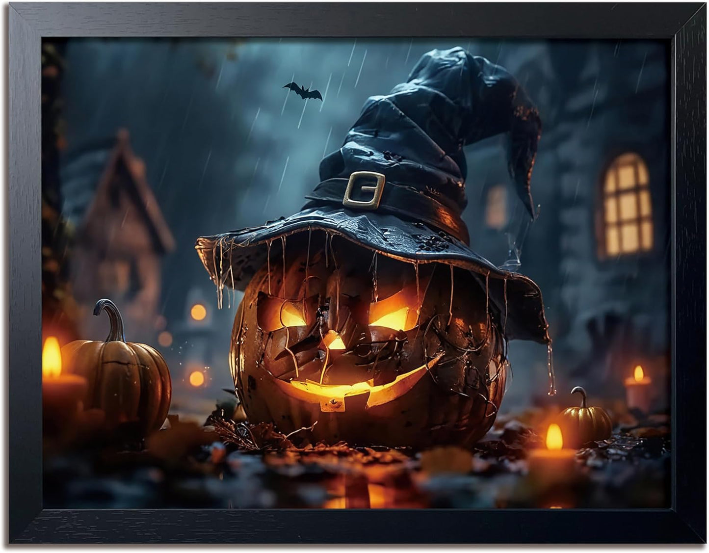 Wood Framed Dark Halloween Pumpkin Wall Art, Gothic Witch Hat Jack-o'-Lantern Canvas Print, Dark Academia Spooky Haunted House Poster Wall Art for Living Room Bedroom Room Aesthetics 12x16 inch