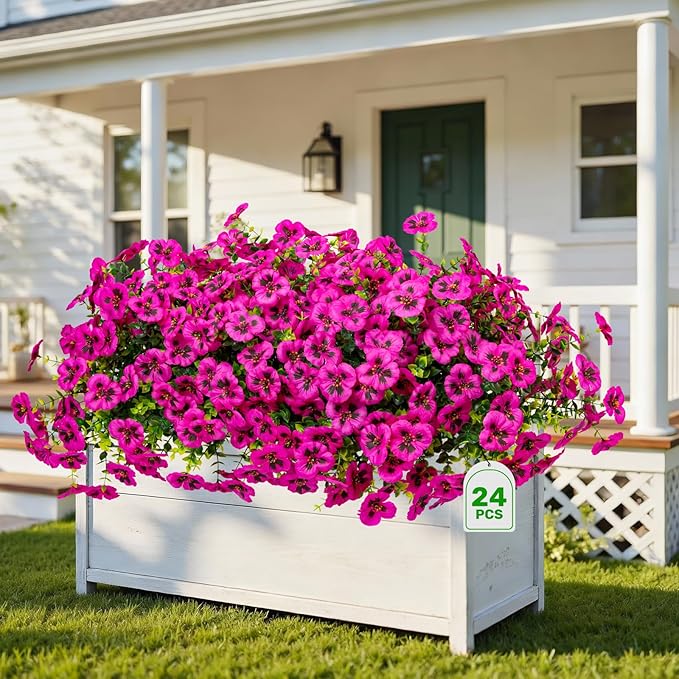 24 Pcs Artificial Fake Pansy Flowers for Outdoor,Faux Silk Plants Flowers UV Resistant Pansies Spring Flowers for Planter Front Door Porch Yard Patio Garden Window Box Home Decor(Fuchsia)