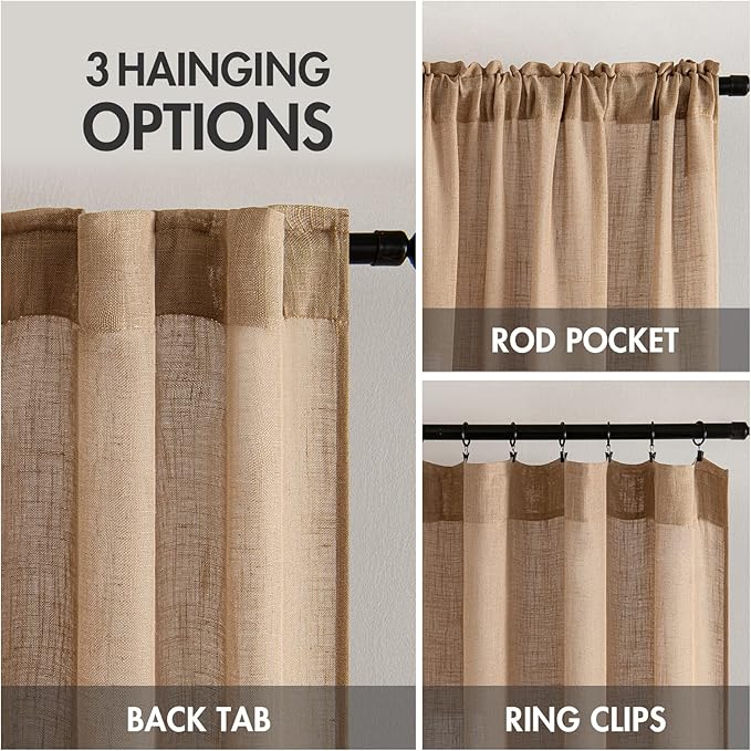 MIULEE Light Brown Short Linen Curtains 45 Inch Length 2 Panels for Kitchen Bedroom Bathroom, Soft Thick Linen Textured Basement Window Drapes Semi Sheer Light Filtering Back Tab Burlap Look Decor