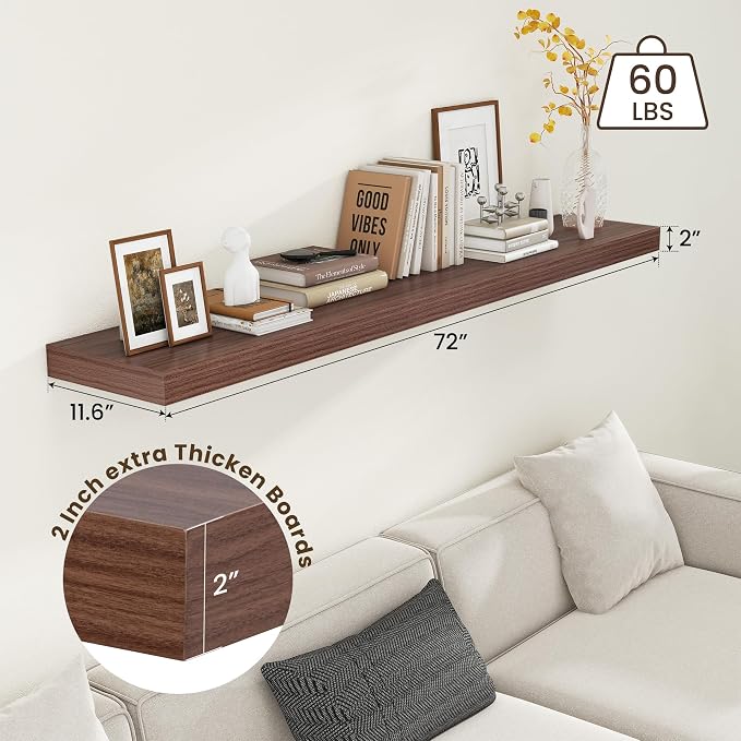 FLYJOE 72 Inch Floating Shelf, 12'' Deep Walnut Shelf for Wall Set of 1 | 72'' x 12'' Rustic Wood Shelves for Farmhouse Living Room Bathroom Kitchen Laundry Room