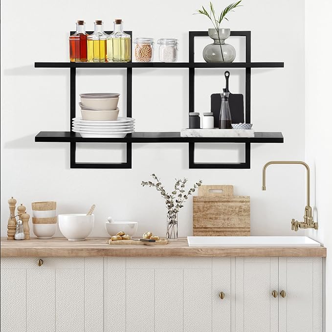 PHOENANCEE Floating Shelves for Wall,Display Hanging Shelf Set of 2,Modern Decorative Plants Shelves,Wood Home Decor Storage Chic for Living Room Bedroom Bathroom Office,Oak Frame,2-Tier Black