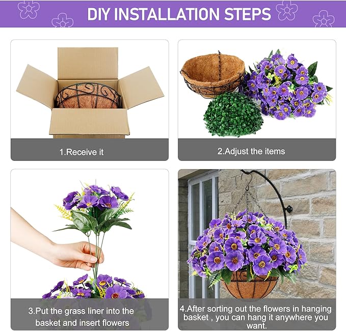 Ouddy Decor Artificial Hanging Flowers with Basket, Fake Silk Hanging Flowers in Coconut Lining Basket Faux Hanging Plants for Outdoor Indoor Spring Garden Porch Patio Balcony Home Decor, Purple