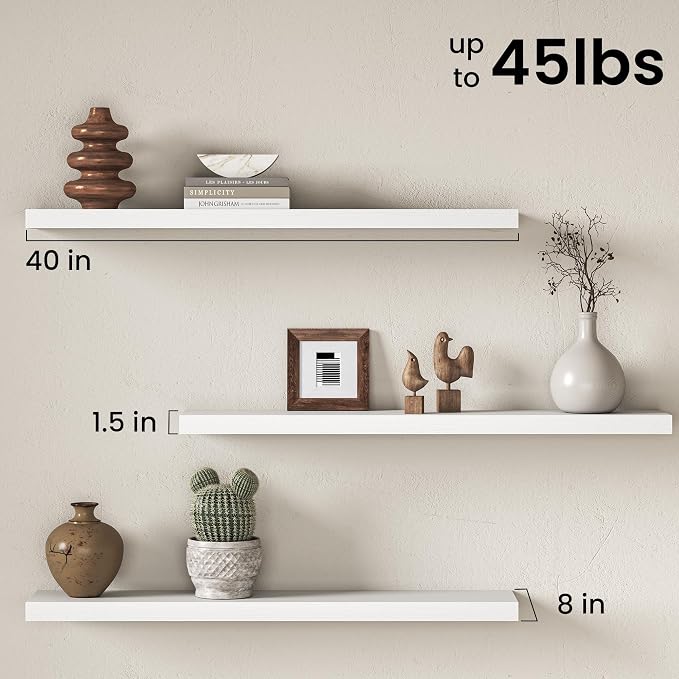 Fun Memories 40 Inch Floating Shelves for Wall, 8 Inch Deep Rustic Wood Floating Shelves Set of 2, Wall Mounted Hanging Shelf with Invisible Brackets for Bathroom, Bedroom, Kitchen, Living Room, White