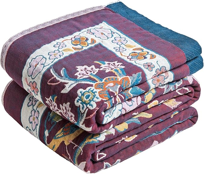 MSGKV Boho Throw Blanket for Bed 60"x80" 100% Cotton Couch Twin Size Floral Bird Blanket Summer Breathable Lightweigh Muslin Home Decorative Blankets