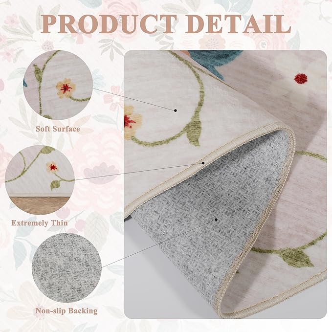DUKINO 5x7 Area Rug, Floral Rugs for Living Room, Lightweight Non Slip Washable Rug, Indoor Low Pile & Non-Shedding Boho Design Rugs for Bedroom, Living Room, Dining Room, Beige