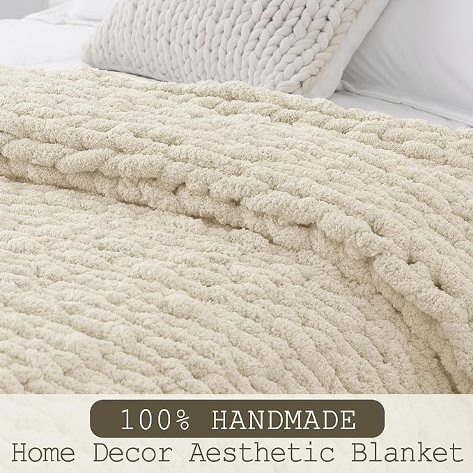 Chunky Knit Throw Blanket 50x60, 100% Handmade Chenille Yarn | 4.4lbs Soft Thick Cable Knitted Blankets, Large Rope Knot Crochet Throws for Couch Sofa Bed Machine Washable, Light Beige