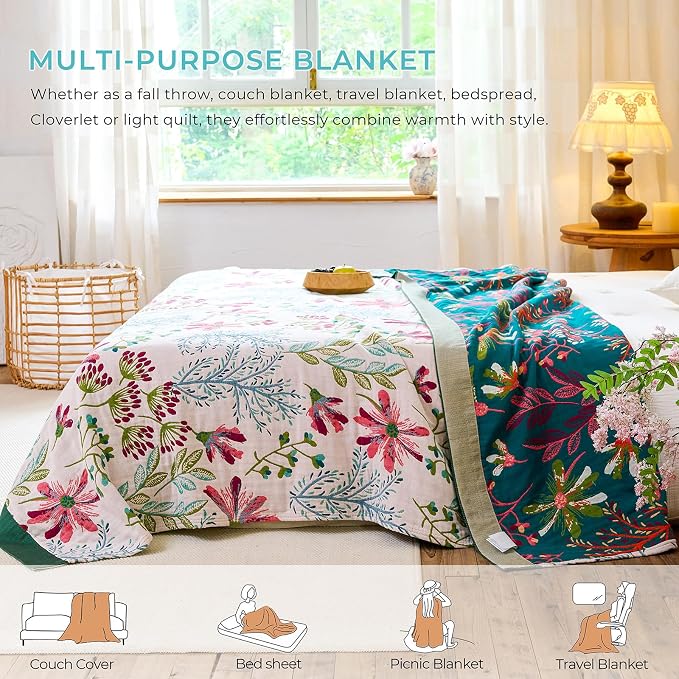 100% Cotton Boho Throw Blanket 90"x98" Oversized Reversible Botanical Summer Quilt for Queen Bed Sofa Couch 4-Layer Breathable Gauze Floral Muslin Blanket for Home Decor Gift White/Teal