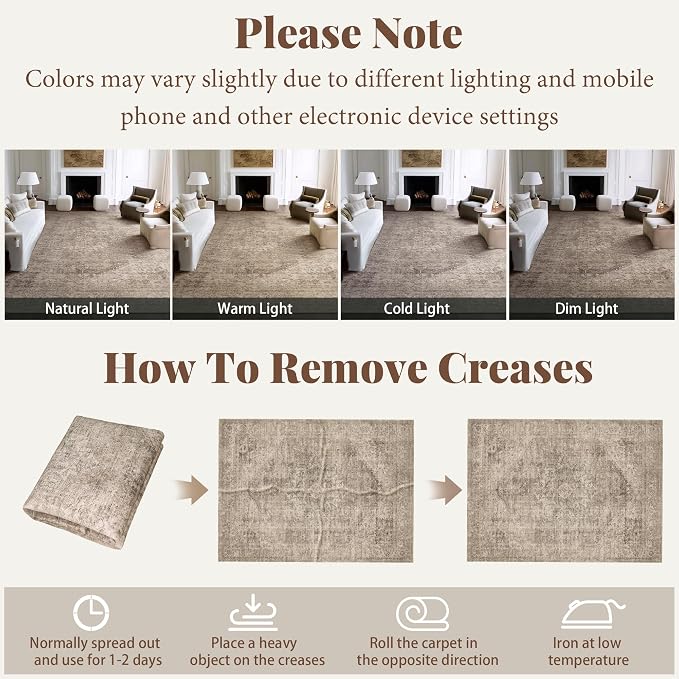 Machine Washable Rugs for Living Room: 8x10 Area Rugs for Bedroom Ultra Soft Non-Slip Low Pile Vintage Distress Boho Large Carpet for High-Traffic Dining Room - Farmhouse Decor
