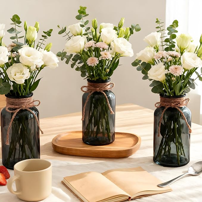 Vintage Glass Flower Vase, Farmhouse Glass Centerpiece Vases Mason Jars for Weddings, Parties & Home Decor Bulk (6, Black)