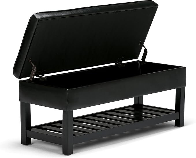 SIMPLIHOME Cosmopolitan Storage Ottoman Bench - 44 inch Wide Upholstered Vegan Leather Rectangle Storage Ottoman in Midnight Black, Transitional Bench for Bedroom with Tufted Lift-Top and Open Shelf