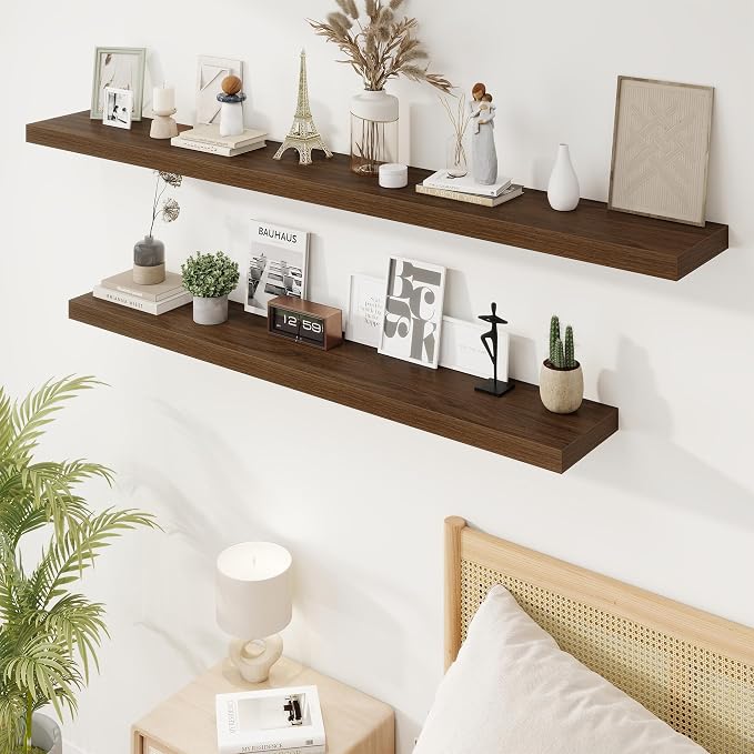 55in Floating Shelves for Wall, 55"W x 9.25"D x 1.5"H, Long Wall Mounted Engineered Wood Shelves with Invisible Brackets for Living Room, Bedroom, Bathroom, Kitchen Decor and Storage, Walnut